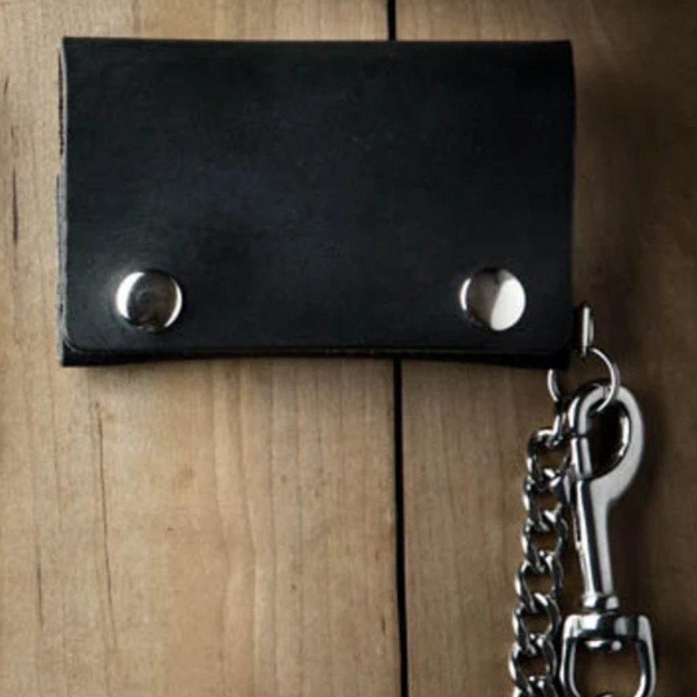 Black Leather Snap Wallet with Chain
